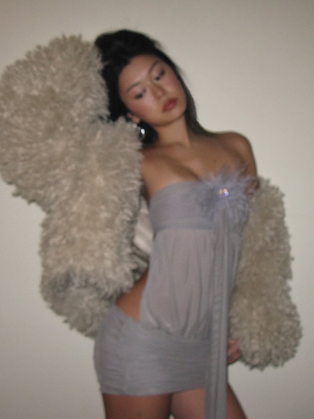 Jaded London Strapless Silver-Gray Mini Dress with Feather Detail